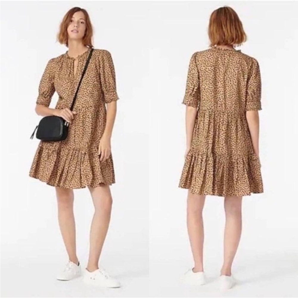 J. Crew Kristy tiered ruffle neck popover Dress Leopard animal print XS